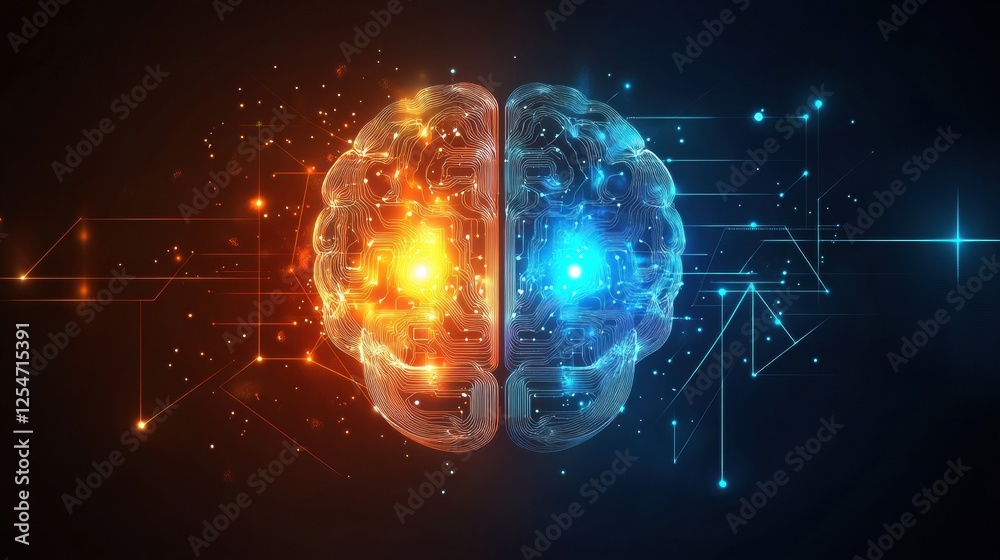 Aufkleber Digital brain with glowing circuits representing advanced technology and intelligence in a vibrant abstract design. Generative AI