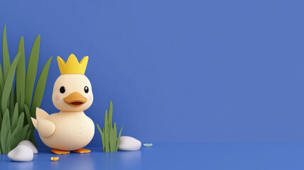 Cute cartoon duck with crown, surrounded by grass and stones