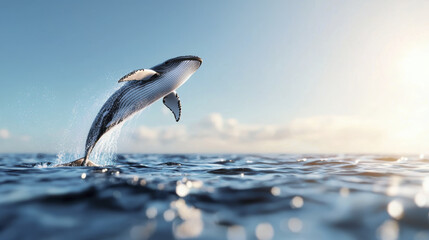 Fototapeta premium majestic whale breaches surface of ocean, creating splashes of water under bright sky