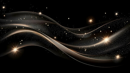 Golden waves, cosmic dust, dark background, abstract design, website banner