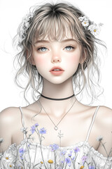 Fototapeta premium Antistress image of a beautiful girl with flowers. for adult and children's coloring books