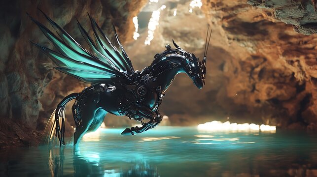 A mythological kelpie with futuristic mechanical fins emerging from a glowing underground lake