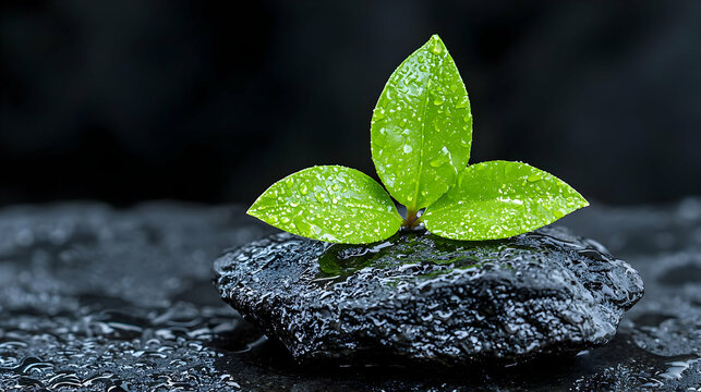 New life sprouting on dark rock, calm background