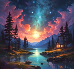 Obraz premium Illustration of landscape with starry sky.