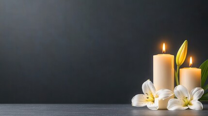 Funeral Banner with Burning Candles and White Lilies on Grey Background