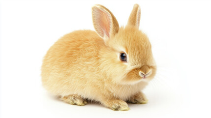 Obraz premium Fluffy orange rabbit sitting on white background, looking curious and playful