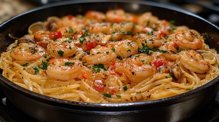 Delicious shrimp pasta dish garnished with herbs, served in a skillet with a rustic kitchen backdrop