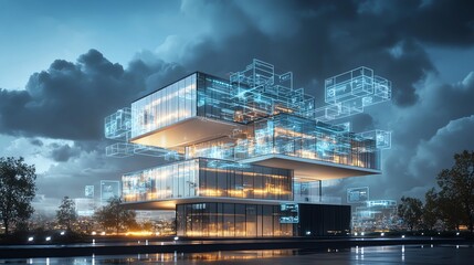 Fototapeta premium A futuristic corporate HQ floating in digital clouds, with glowing microservice nodes, transparent glass, and light-trail data streams. Hyperrealistic 8K detail, deep blues, and volumetric lighting