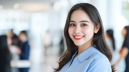 Fototapeta premium Indonesian businesswoman wearing blue smart-casual smiling at office activity