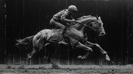 Jockey rides horse in rain, race track background; sports imagery