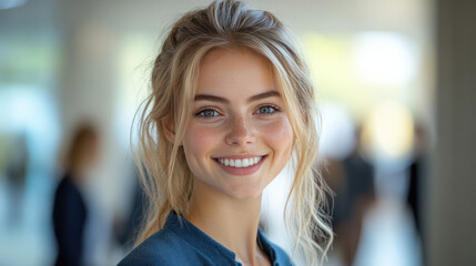 Blond businesswoman wearing blue smart-casual smiling at office activity