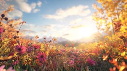 Fototapeta premium meadow flowers in early sunny fresh morning. Vintage autumn landscape background. colorful beautiful fall flowers magical