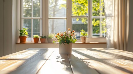 Fresh flowers in a bright room filled with plants and natural sunlight during the day