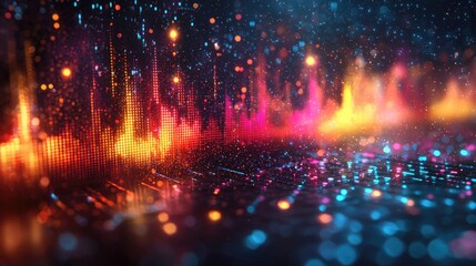 Fototapeta premium Vibrant abstract visualization of sound waves with colorful lights reflecting in the background