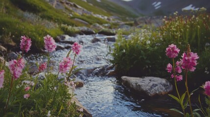 Naklejka premium Alpine flowers blooming beside a mountain stream