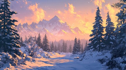 amazing mountain winter landscape with fir trees at dawn. natural Christmas background