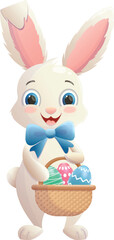 A happy rabbit holds a colorful basket with decorated Easter eggs during the Easter celebration.