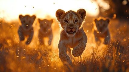 Playful lion cubs running joyfully through golden grass at sunset, capturing a vibrant wildlife moment