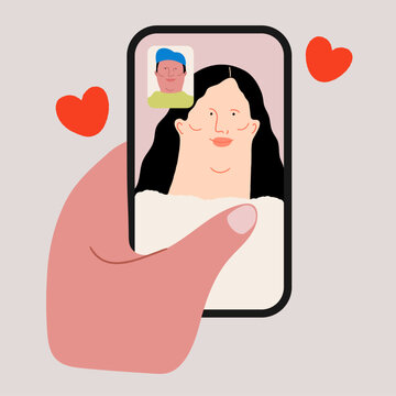 A Couple on video call on mobile phone. Vector Illustration.