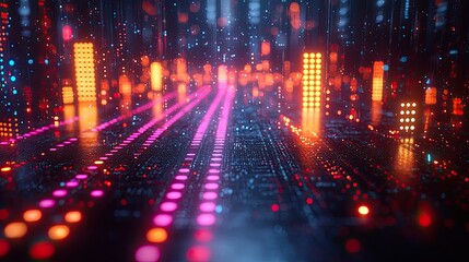 Futuristic digital landscape with glowing lights and data streams in a cyberpunk setting