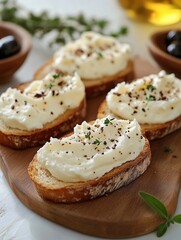 Appetizing goat cheese toasts on wooden board with olives and thyme in a bright setting