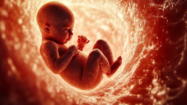 Little human baby inside mother womb. Small embryo inside uterus. Cute unborn child sleep belly. Origin beginning of life concept. Woman pregnancy Tiny innocent infant grow. Childbirth medical science