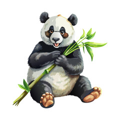 Naklejka premium Cute giant panda sitting and eating bamboo watercolor painting vector art