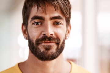 Obraz premium Creative, smile and portrait of man in office with confidence, opportunity and growth in startup development. Relax, face and designer with business plan, inspiration and pride in project management