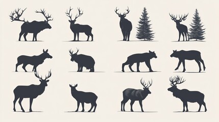 Obraz premium Twelve deer silhouettes, various poses and antler sizes, against a neutral background.