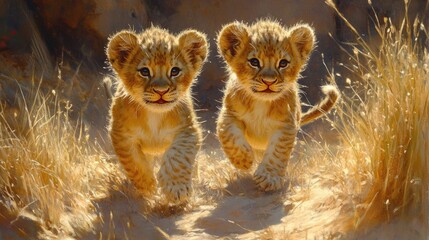 Two playful lion cubs running through golden grasslands under a warm sunset glow