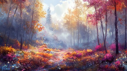 Obraz premium Autumn forest with misty light and colorful foliage