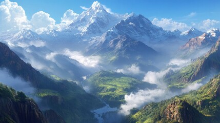 Fototapeta premium A breathtaking view of snow-capped mountains with lush green valleys below, surrounded by mist and cool