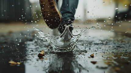 focused image of a raindrop hitting a puddle, capturing the splash in perfect detail 