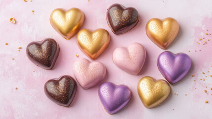 Obraz premium Heart shaped cho tes in pink, purple, and gold on pink background