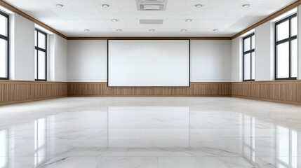 Empty conference room with projector screen, marble floor, and wood paneling