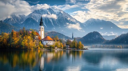 Fototapeta premium Beautiful alpine lake surrounded by majestic mountains.