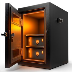 Fototapeta premium Large Black Safe with Open Door and Bright Orange Interior Lighting Displaying Security Features and Storage Options