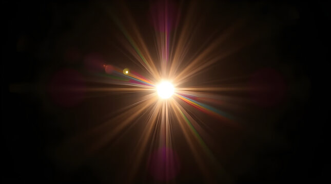 Bright Starburst Effect: Golden Light Rays Radiating from a Central Point, Dramatic Lens Flare, Abstract Light Painting, High-Contrast Dark Background, Optical Phenomenon