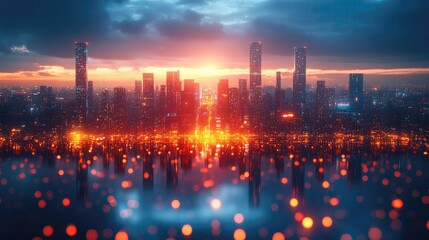 Vibrant city skyline at sunset with glowing lights reflecting on water, urban life