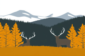 Two deer in forest with mountains and autumn trees