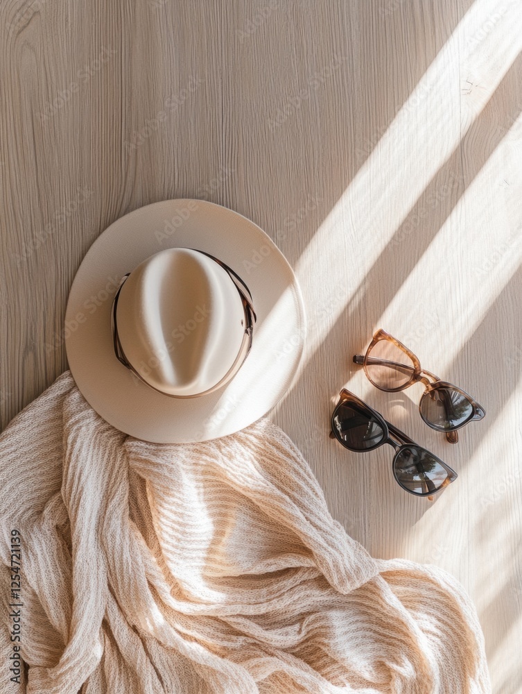 Poster Fashion accessories displayed on a wooden table with sunlit shadows creating a serene and stylish atmosphere. Generative AI