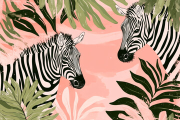 Two zebras surrounded by lush tropical leaves on pink background
