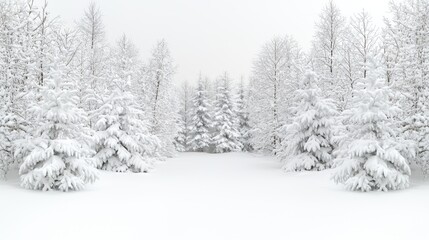 Snow-covered forest winter landscape; serene snowy trees, winter wonderland background; ideal for cards