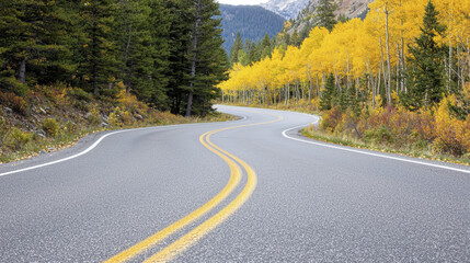 Fototapeta premium Winding road through vibrant autumn trees, showcasing nature beauty