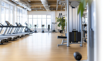 modern gym interior featuring exercise equipment, cardio machines, and wooden flooring, creating spacious and inviting atmosphere