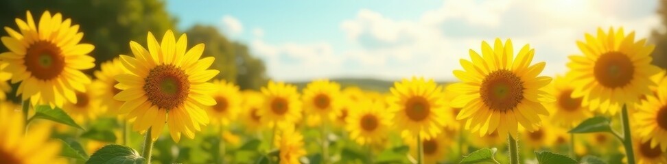 Obraz premium Vibrant yellow sunflowers fill frame, sunny day , background, bloom