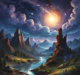Illustration of landscape with starry sky.
