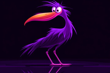 Fototapeta premium whimsical purple bird with long beak stands on dark background