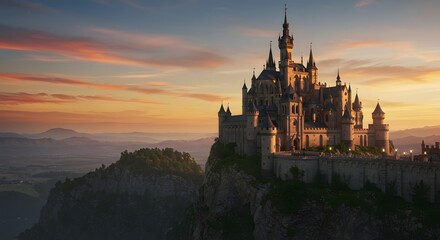 Obraz premium Majestic Castle on Cliff at Sunset with Orange Sky and Mountains