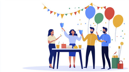 Group celebration with balloons, drinks, and festive decorations, creating joyful atmosphere